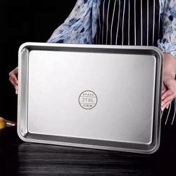 316L Stainless Steel Rectangular Tray Flat-Bottomed Square Plate Commercial Household Kitchen Baking Tray Steaming Rice Flat Plate Dinner Plate
