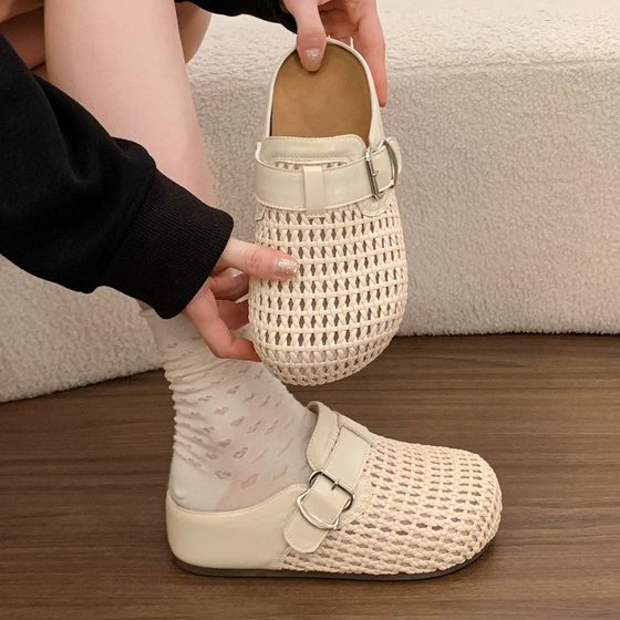 
Mesh large size woven fishnet shoes thick sole inner heighten toe half slippers women's outer wear 2026 new summer sandals