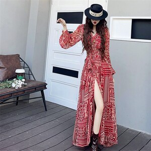 
French spring and autumn long-sleeved dress design and temperament, famous one-piece wrapping, slit waist-hugging long skirt