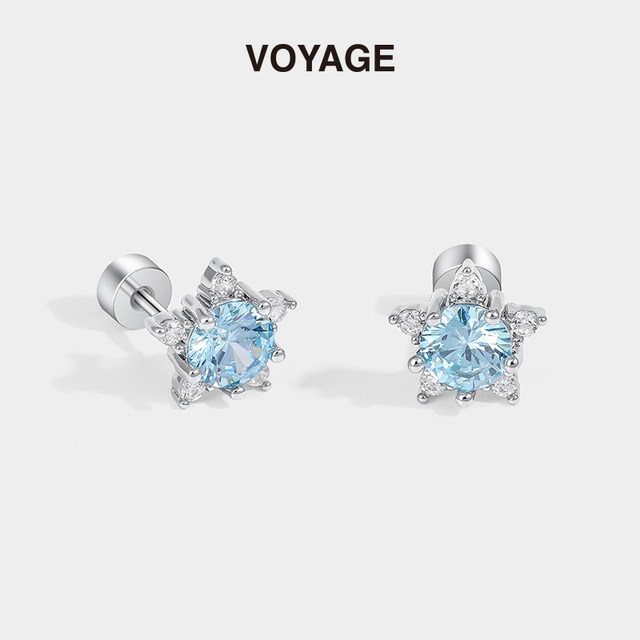 Blue ice crystal snowflake earrings for women titanium alloy ear piercing ear bone nail high-quality cochlear nail earrings titanium steel earrings