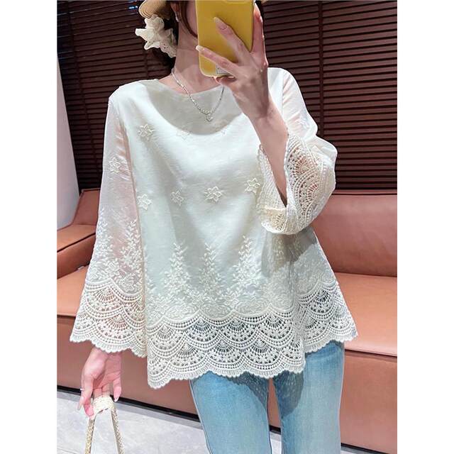 2025 spring new mid-length embroidered high-end shirt for women European round neck loose flared sleeve top