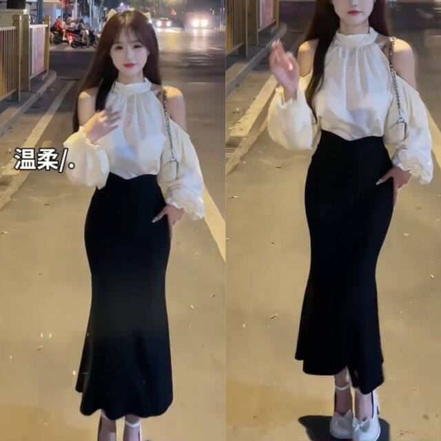 Fishtail bag shirt, flared sleeves, neck, women's high autumn hips, same style skirt, thin flared internet celebrity waist, sleeves, hanging new style