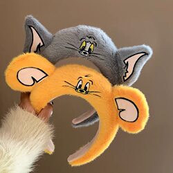 Autumn and Winter Plush Cat and Mouse Ears Wide-Brimmed Headband for Women, Cute Face Wash and Facial Mask Headband, Creative Cartoon Hair Accessories