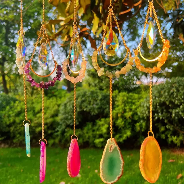 Agate Natural Crystal Sun Catcher Gardening Wind Chime Home Crystal Hanging Decoration Moon Crystal
