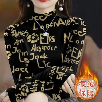 
German velvet inner layer new warm half turtleneck autumn and winter mother's wear long-sleeved top thickened printed bottoming western style T-shirt