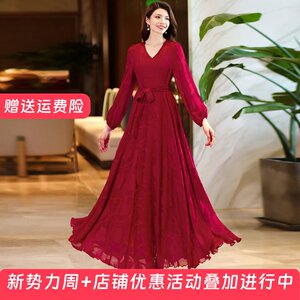 
2026 spring and summer long-sleeved long-sleeved dress with slim waist, long skirt for travel and vacation, chiffon skirt, beach skirt