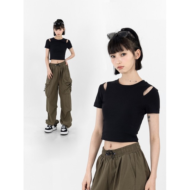 Black cotton hollow short-sleeved T-shirt for women in women's slim summer new high-waisted navel-exposed top ins Korean style