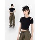 Black cotton hollow short-sleeved T-shirt for women in women's slim summer new high-waisted navel-exposed top ins Korean style