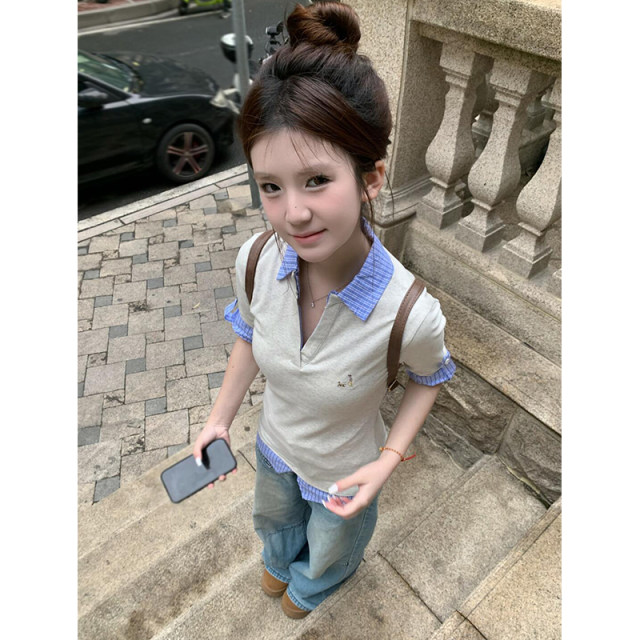Fake two-piece plaided splicing embroidered short-sleeved polo shirt short-sleeved T-shirt for women in summer college style slim short top
