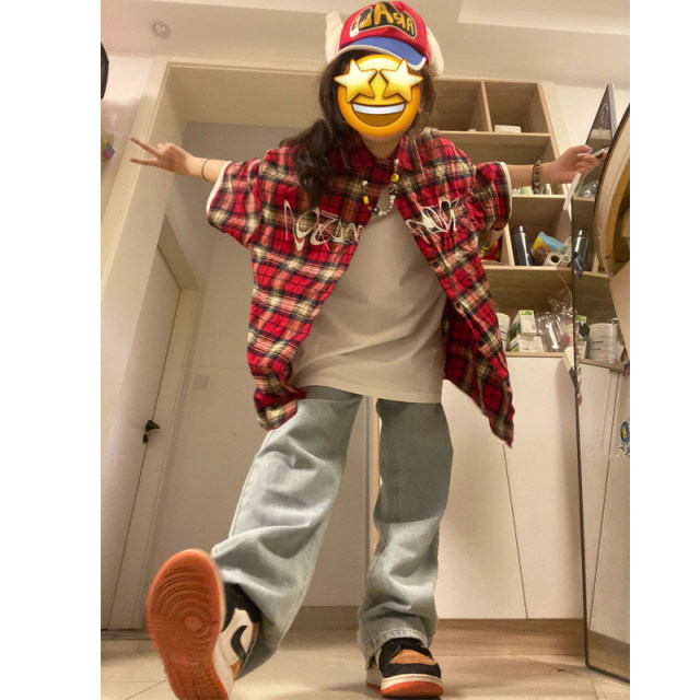 National trend American street red plaid shirt short-sleeved women's summer couple high street trendy brand design niche tops