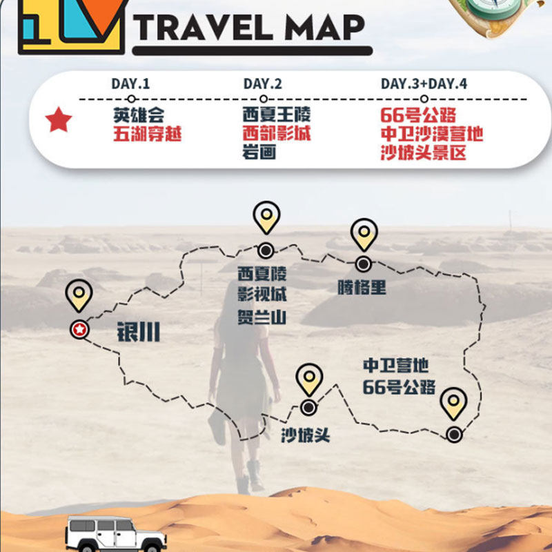 宁夏银川中卫旅游团2-6人团4日游腾格里沙漠五湖穿越乌兰湖跟团游