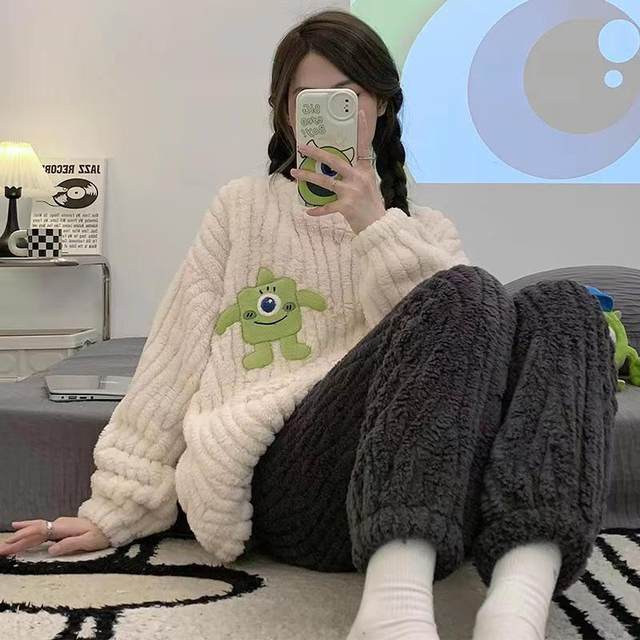 
Pajamas for women plus velvet and thickened coral velvet autumn and winter flannel cute big-eyed boy internet celebrity popular home wear set