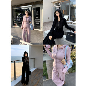 
Meaty Cherry Peach Fragrance Slightly Fat Hooded Waist Jacket Elastic Mid-waist Sweatpants Plus Velvet Suit for Women