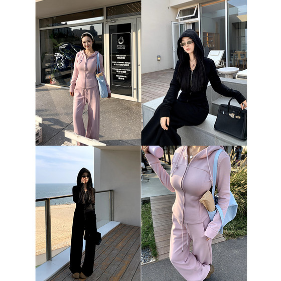 
Meaty Cherry Peach Fragrance Slightly Fat Hooded Waist Jacket Elastic Mid-waist Sweatpants Plus Velvet Suit for Women