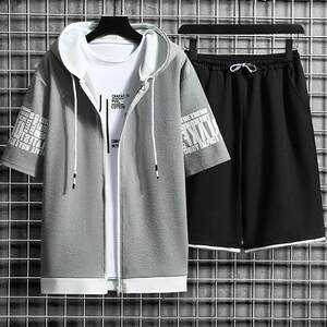 
2024 new summer men's cardigan sweatshirt suit teenagers hooded casual Korean style sportswear two-piece set