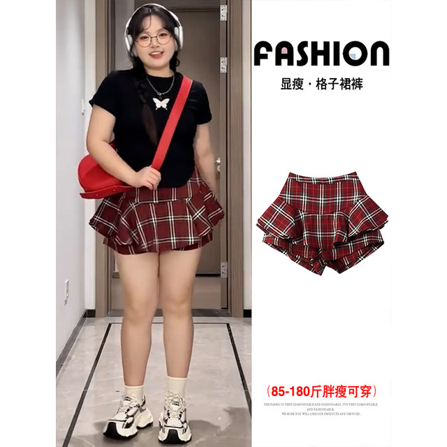 Fat mm ruffled skirt pants for women in summer large size anti-light protection against hips and slim red plaid A-line puffy short skirt
