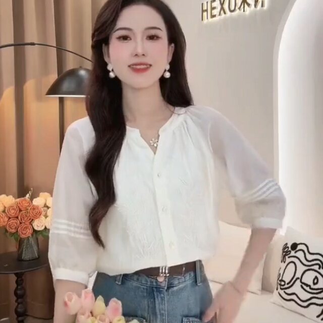 New Chinese style Chinese style 7-quarter sleeve shirt for women 2024 summer new niche puff sleeves Tennis top
