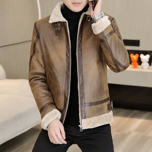 
Velvet thickened short leather jacket for men in winter casual motorcycle handsome jacket fashionable youth fur one-piece jacket