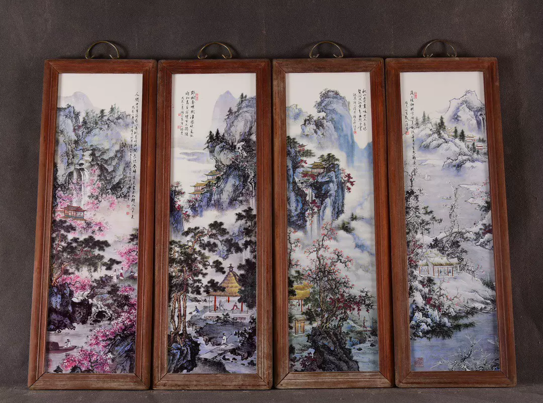 珠山八友之汪野亭作品赏析红木镶粉彩山水图瓷板画