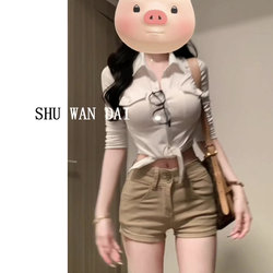 American Style Hot Girl Outfit Khaki Hip-Enhancing Denim Shorts for Women 2026 New Style Non-Revealing Tight-Fitting Butt-Hugging Hot Pants