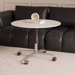 Travertine Stone Adjustable Coffee Table for Small Apartments, Mobile Vintage Solid Wood Living Room Round Table, Stainless Steel Coffee Table