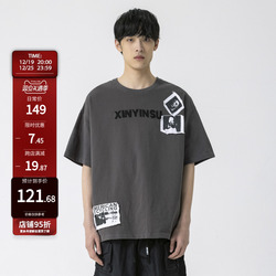 New Factor Letter Foam American Short-sleeved Men's Portrait Patch Fashion Brand Hip-hop Design Casual Loose Top T-shirt