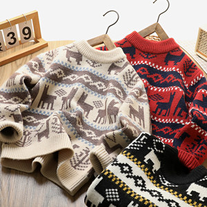 
Cotton cashmere boys' thickened jacquard knitted pullover children's casual round neck sweater new year's autumn and winter parent-child wear