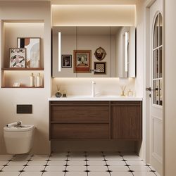 2024 New Corian Stone Hot-Bent Seamless Integrated Basin Oak Paint-Free Mid-Century Walnut Color Bathroom Cabinet