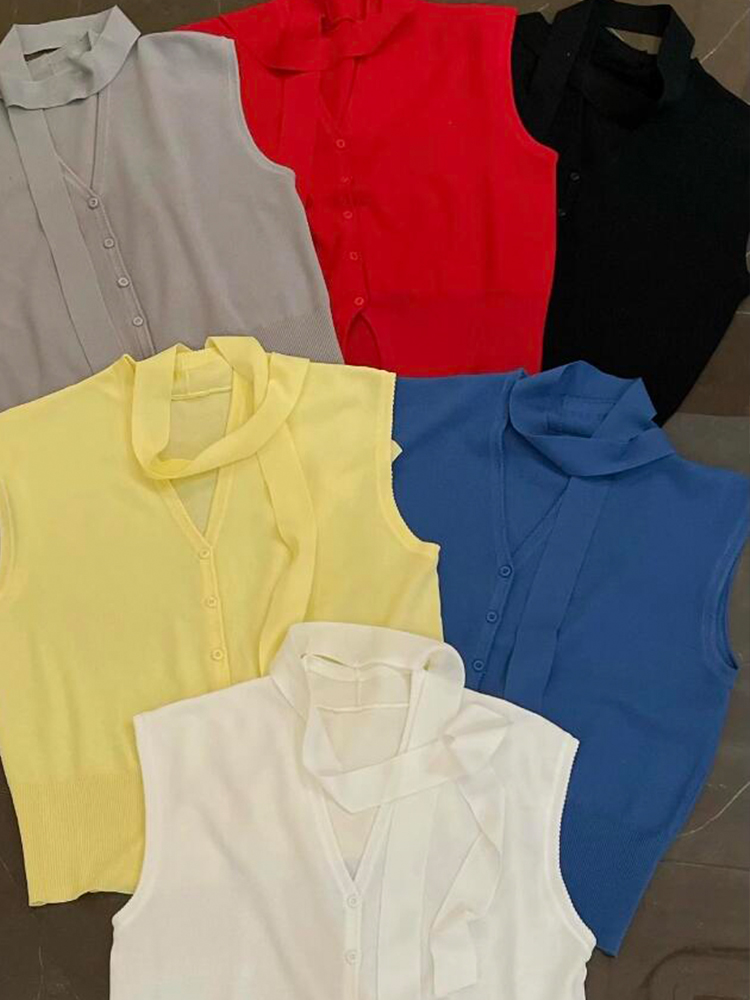 Dopamine yellow streamer neck knitted ice silk sleeveless T-shirt for ...