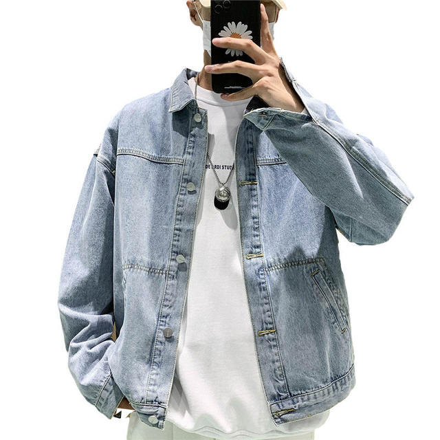 Hong Kong style loose retro denim jacket men's spring and autumn ins ...