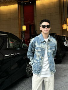 2024 Internet celebrity cool and cool jacket for men's chessboard jeans trendy brand loose jacket fashionable and high-end