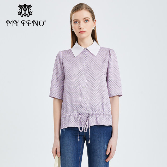 The same style of Matiannu women's clothing in the mall, the new purple printed shirt, white mid-sleeved short top shirt
