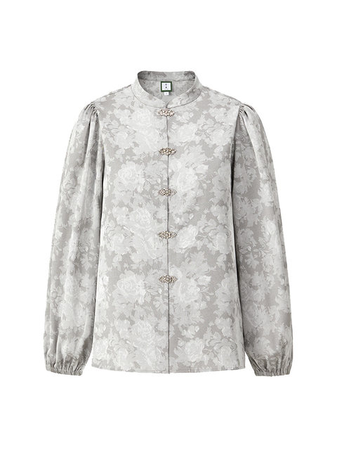 Hall Tang shirt women's stand-up collar long sleeve metal button new Chinese style fog flower print design small puff sleeve top new style