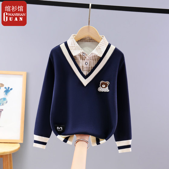 
Boys led 2026 new children's sweatshirt boys long-sleeved T-shirt fake two-piece spring and autumn plus velvet medium and large children's tops