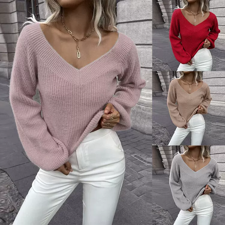 Ne solid color versatile V-neck loose knit sweater for women-Taobao