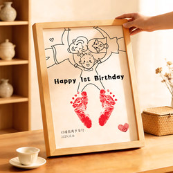 Baby's First Birthday Hand and Foot Print Simple Drawing, First Birthday Supplies, Photo Frame to Commemorate Newborn Baby's Birth Ceremony, Footprint Text