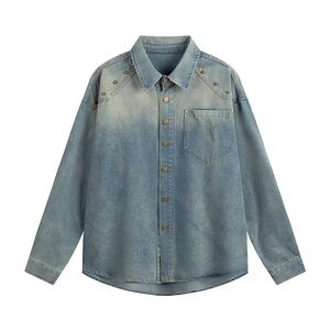 
American retro washing gradient willow nail denim shirt men and women spring and autumn street design long-sleeved shirt jacket