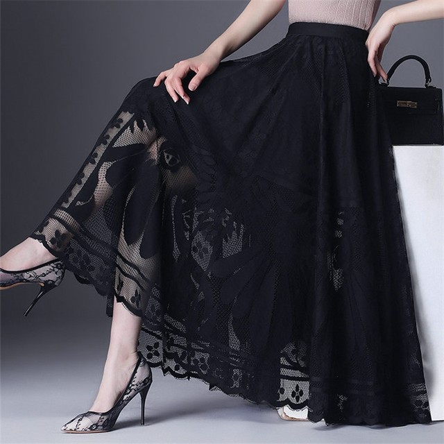 Lace skirt for women 2025 spring and autumn popular versatile A-line mid-length skirt with large mesh hollow fairy pleated skirt
