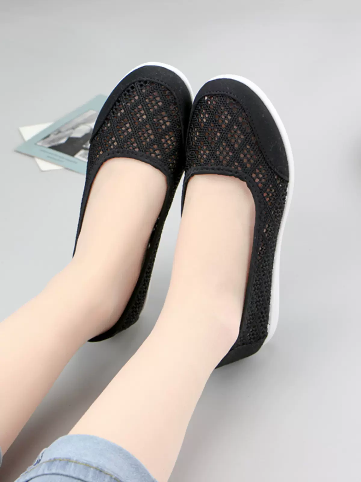 夏季布鞋女款平底奶奶鞋软底轻便单鞋一脚蹬中老年网鞋黑色工作鞋