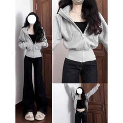 Spring Jacket, Gray Short Sweatshirt for Women, 2026 New Spring Wear, Korean Style Slim Fit, Waist-Cinching Hooded Top