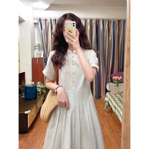 
Japanese sweet and literary style striped round neck shirt dress summer new niche design sense commuter mid-length skirt