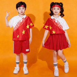 Children's Cheerleading Performance Outfit Set in Chinese Red, Summer Sports Clothing, Elementary School Class Uniform