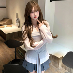 Korean-Style Fake Two-Piece Pink Shirt for Women 2026Miu, Waist-Cinching, Slimming, Color-Blocking, Unique and Beautiful Top