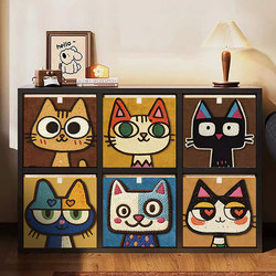 Cartoon Cat Storage Box, Antique-Style Home Storage Basket, Retro-Style Kalek Storage Basket, Grid Cabinet Storage Box