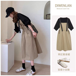 
2025 new summer suspender skirt suit loose Korean version slimming long waist dress puff sleeve two-piece set for women