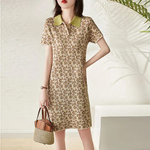 Mid-length POLO dress for women loose large size lapel short-sleeved long skirt casual sports A-line skirt college t-shirt skirt
