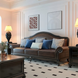 American Classic Solid Wood Sofa Set for Living Room, Small Apartment, Top-Grain Leather, Light Luxury, 1-2-3-4 Seater Sofa Set