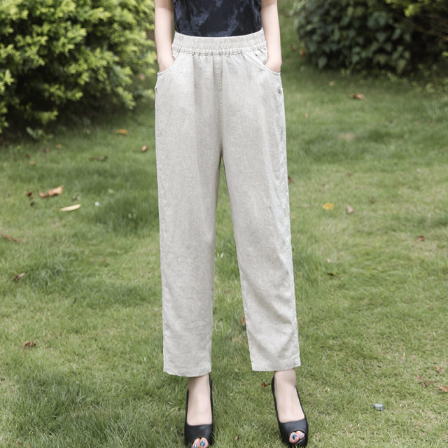 Casual White Elastic Waist Linen Harem Pants Summer main image 1