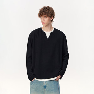 
CLIMAX VISION waffle stacked contrasting fake two-piece V-neck long-sleeved T-shirt men's loose lazy bottoming shirt