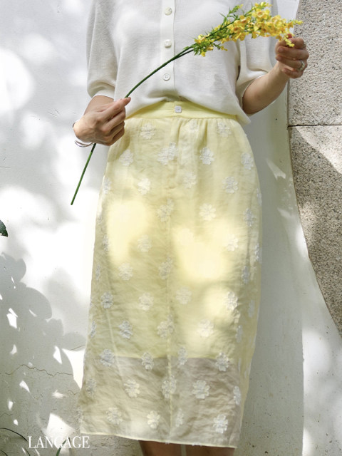 LANGAGE new Chinese light yellow three-dimensional flower skirt sun protection high waist simple and versatile pocket commuting set